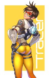 Rule 34 | 1girl, absurdres, ass, ass support, back, black hair, bodysuit, border, brown hair, character name, closed mouth, clothes writing, cross-laced clothes, earrings, from below, gloves, glowing, goggles, hands on own hips, highres, jacket, jewelry, looking at viewer, looking back, overwatch, overwatch 1, shigatsugata, short hair, skin tight, smile, solo, swept bangs, thigh strap, tracer (overwatch), white border, yellow background