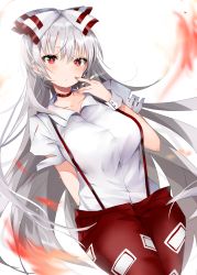 Rule 34 | 1girl, arm behind back, between fingers, blush, bow, breasts, choker, cigarette, closed mouth, collarbone, commentary request, cowboy shot, cross, cross earrings, earrings, fingernails, fire, fujiwara no mokou, hair between eyes, hair bow, hand up, highres, hiiro60, holding, holding cigarette, jewelry, legs together, long hair, looking at viewer, medium breasts, pants, red choker, red eyes, red pants, semi-rimless eyewear, shirt, short sleeves, sidelocks, silver hair, simple background, smoke, smoking, solo, standing, suspenders, touhou, under-rim eyewear, very long hair, white background, white bow, white shirt, wrist cuffs