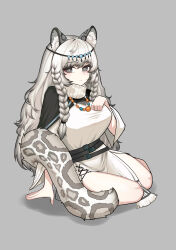 Rule 34 | 1girl, absurdres, animal ear fluff, animal ears, arknights, black capelet, braid, breasts, bright pupils, capelet, dress, grey background, grey eyes, grey hair, hand on own chest, highres, jewelry, large breasts, leopard ears, leopard girl, leopard tail, long hair, looking at viewer, necklace, pramanix (arknights), side braids, simple background, sitting, solo, tail, tiara, turtleneck, very long hair, white dress, white pupils, zommeva