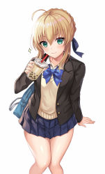 Rule 34 | 1girl, ahoge, alternate costume, artoria pendragon (all), artoria pendragon (fate), bad id, bad pixiv id, beige vest, black jacket, blazer, blonde hair, blue bow, blue bowtie, blue skirt, blush, bow, bowtie, breasts, bubble tea, casual, collarbone, collared shirt, commentary request, cup, fate/stay night, fate (series), green eyes, hair ribbon, harimoji, highres, holding, holding cup, jacket, looking at viewer, open clothes, open jacket, pleated skirt, ribbon, saber (fate), school uniform, shirt, sidelocks, simple background, sitting, skirt, smile, solo, sparkle, white background, white shirt