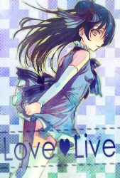 Rule 34 | 10s, 1girl, ame yamori, blue bow, blue bowtie, blue hair, blush, bow, bowtie, copyright name, covering privates, covering ass, hair bow, hair bun, jpeg artifacts, long hair, looking at viewer, love live!, love live! school idol festival, love live! school idol project, single side bun, solo, sonoda umi, thighhighs, white thighhighs