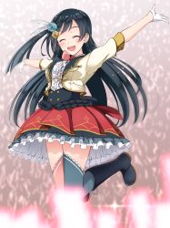 Rule 34 | 10s, 1girl, ^ ^, afterschool school idol (love live!), asymmetrical legwear, black hair, breasts, center frills, chase (love live!), closed eyes, commentary request, feather hair ornament, feathers, flower, frills, full body, gloves, hair flower, hair ornament, half gloves, highres, hoshino ouka, jumping, long hair, love live!, love live! nijigasaki high school idol club, love live! school idol festival, medium breasts, mismatched legwear, one side up, outstretched arms, short sleeves, smile, solo, thighhighs, very long hair, white gloves, yuki setsuna (love live!)