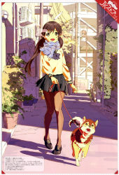 Rule 34 | 1girl, absurdres, brown hair, chikaoka sunao, cold, day, dog, green eyes, happy, highres, long hair, open mouth, outdoors, pantyhose, pet, pigeon-toed, scan, scarf, school uniform, serafuku, shadow, shiba inu, skirt, solo, standing, twintails, walking