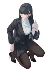 Rule 34 | 1girl, absurdres, adjusting clothes, adjusting shoe, black hair, black pantyhose, black suit, blue archive, blunt bangs, bright pupils, formal, full body, hair ornament, hairclip, halo, high heels, highres, holding, holding tablet pc, id card, kneeling, long hair, looking to the side, pantyhose, pleated skirt, red eyes, ribbed sweater, rio (blue archive), skirt, suit, sweater, tablet pc, turtleneck, turtleneck sweater, vincent ky, white background, white sweater