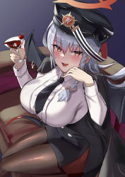 Rule 34 | 1girl, absurdres, bat wings, black dress, black hat, black necktie, black pantyhose, blue archive, blush, breasts, brown eyes, cup, dress, drinking glass, grey hair, halo, haruna (blue archive), hat, highres, holding, holding cup, large breasts, long hair, long sleeves, looking at viewer, necktie, pantyhose, peaked cap, qianshui baodan, shirt, sitting, solo, white shirt, wine glass, wings