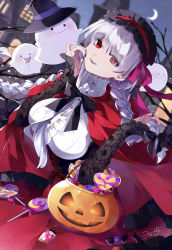Rule 34 | 1girl, absurdres, blush, braid, breasts, candy, cape, capelet, center frills, corset, crescent moon, fate/grand order, fate (series), food, frilled hairband, frills, ghost, hair ribbon, hairband, halloween, halloween bucket, halloween costume, hat, highres, hood, hooded cape, kama (fate), kama (halloween horror night) (fate), large breasts, lollipop, long hair, long sleeves, looking at viewer, low twin braids, misaki346, moon, mouth hold, night, night sky, pink ribbon, red capelet, red eyes, red skirt, ribbon, shirt, skirt, sky, smile, solo, twin braids, white hair, white shirt, witch hat