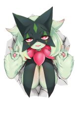 Rule 34 | 1girl, animal ears, breasts, cat girl, claws, cleavage, creatures (company), double v, fang, furry, furry female, game freak, green fur, heart, heart-shaped pupils, highres, large breasts, meowscarada, nintendo, open mouth, pingqiong xiansheng, pink eyes, pokemon, solo, symbol-shaped pupils, v