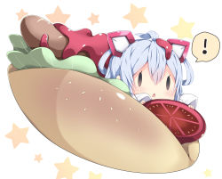 Rule 34 | !, 1girl, ahoge, blush, bread, chibi, commentary, food, hair between eyes, hair ornament, hair rings, holding, holding food, hot dog, in food, ketchup, lettuce, long sleeves, looking at viewer, matoi (pso2), milkpanda, mini person, minigirl, open mouth, phantasy star, phantasy star online 2, silver hair, solo, speech bubble, spoken exclamation mark, star (symbol), tomato, triangle mouth, white background, | |