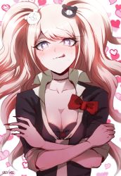Rule 34 | 1girl, artist name, bear hair ornament, black bra, black choker, black shirt, blonde hair, blue eyes, blush, bow, bowtie, bra, bra peek, breasts, choker, cleavage, collarbone, crossed arms, danganronpa: trigger happy havoc, danganronpa (series), enoshima junko, eyelashes, fake nails, fingernails, hair ornament, heart, heart-shaped pupils, highres, long hair, looking at viewer, nail polish, necktie, red bow, red nails, shiny skin, shirt, signature, simple background, sleeves rolled up, sweat, sweatdrop, symbol-shaped pupils, tongue, tongue out, twintails, underwear, wavy mouth, white background, white necktie, zerusu (gelus)