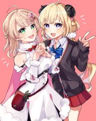 Rule 34 | animal ears, blonde hair, bow, bowtie, breasts, cosplay, costume switch, detached sleeves, dress, fur-trimmed dress, fur-trimmed sleeves, fur trim, hair ornament, hairclip, highres, hololive, horns, indie virtual youtuber, large breasts, long hair, low twintails, nitumaruta, pink background, pleated skirt, pom pom (clothes), pom pom hair ornament, purple eyes, ribbed sleeves, school uniform, serafuku, sheep ears, sheep girl, sheep horns, shigure ui (vtuber) (2nd costume), shigure ui (vtuber), shigure ui (vtuber) (cosplay), simple background, skirt, sleeveless, sleeveless dress, tsunomaki watame, tsunomaki watame (1st costume), tsunomaki watame (cosplay), twintails, very long hair, virtual youtuber, white dress