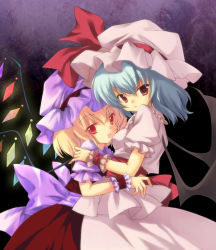 Rule 34 | 2girls, :d, blonde hair, blue hair, flandre scarlet, hand on another&#039;s shoulder, hat, hat ribbon, hug, multiple girls, open mouth, puffy short sleeves, puffy sleeves, red eyes, remilia scarlet, ribbon, short hair, short sleeves, siblings, sisters, smile, touhou, wings, wrist cuffs, yutamitan