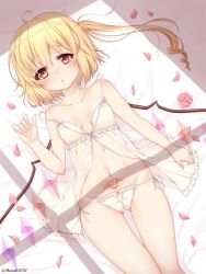 Rule 34 | 1girl, ahoge, artist name, babydoll, bare arms, bare shoulders, bed sheet, blonde hair, blush, breasts, collarbone, commentary request, cowboy shot, crystal, flandre scarlet, flower, groin, hair between eyes, hand up, haruki (colorful macaron), indoors, long hair, looking at viewer, lying, navel, no headwear, on back, one side up, panties, parted lips, petals, pink flower, pink rose, pubic tattoo, red eyes, rose, rose petals, shadow, side-tie panties, small breasts, solo, stomach, strap slip, tattoo, thighs, touhou, twitter username, underwear, underwear only, white panties, wings