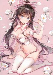 Rule 34 | 1girl, absurdres, arm support, blue eyes, bow, breasts, brown hair, cleavage, closed mouth, dsmile, flower, frills, full body, hair bow, highres, long hair, looking at viewer, medium breasts, navel, no bra, no shoes, original, panties, pink background, ponytail, puffy sleeves, ribbon, sarah (dsmile), scan, simple background, sitting, solo, underwear, very long hair, wariza, white legwear