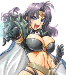 Rule 34 | 1girl, amania orz, blue eyes, breasts, circlet, cleavage, female focus, gloves, jewelry, large breasts, long hair, magic, naga the serpent, navel, necklace, open mouth, purple hair, revealing clothes, shiny skin, shoulder pads, simple background, skindentation, slayers, smile, solo, spikes, white background