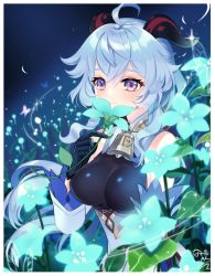Rule 34 | ahoge, airlinenayuta, bare shoulders, bell, black gloves, blue flower, blue hair, blush, breasts, bug, butterfly, detached sleeves, flower, ganyu (genshin impact), genshin impact, gloves, glowing butterfly, glowing flower, gold trim, horns, insect, long hair, looking to the side, medium breasts, multicolored eyes, neck bell, night, sidelocks, signature, smile, solo, upper body, white sleeves
