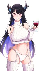 Rule 34 | 1girl, absurdres, arm under breasts, asymmetrical horns, black hair, blue hair, breasts, colored inner hair, commentary, cowboy shot, cup, demon horns, detached sleeves, drinking glass, english commentary, grin, highres, holding, holding cup, hololive, hololive english, horns, large breasts, long hair, looking at viewer, meme attire, mole, mole under eye, multicolored hair, nerissa ravencroft, panties, red eyes, simple background, smile, solo, sweater, takoroki, thighhighs, turtleneck, turtleneck sweater, two-tone hair, underwear, very long hair, virgin destroyer sweater, virtual youtuber, white background, white panties, white thighhighs, wine glass