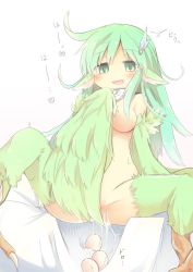 Rule 34 | 1girl, breasts, egg, egg laying, feathered wings, female focus, green eyes, green hair, harpy, long hair, monster girl, naya, no nipples, nude, open mouth, original, partially visible vulva, solo, spread legs, wings