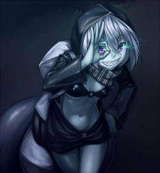 Rule 34 | 10s, 1girl, abyssal ship, bikini, bikini top only, breasts, cleavage, clenched teeth, cowboy shot, glowing, glowing eyes, h kasei, hand on own hip, hood, jacket, kantai collection, looking at viewer, pale skin, personification, purple eyes, re-class battleship, short hair, silver hair, solo, swimsuit, teeth