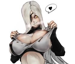 Rule 34 | 1girl, absurdres, alchemist (girls&#039; frontline), bad id, bad pixiv id, black gloves, breasts, covered erect nipples, elbow gloves, evil grin, evil smile, eyepatch, fingerless gloves, girls&#039; frontline, gloves, grey hair, grin, hair over one eye, heart, highres, huge breasts, long hair, shirt, smile, solo, spoken heart, torn clothes, torn shirt, upper body, white background, yellow eyes, zer0.zer0
