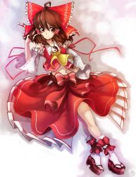 Rule 34 | 1girl, ankle cuffs, artist request, bow, brown eyes, brown hair, clog sandals, detached sleeves, female focus, full body, gradient background, hair bow, hakurei reimu, highres, japanese clothes, miko, navel, okobo, saf, sandals, short hair, solo, touhou