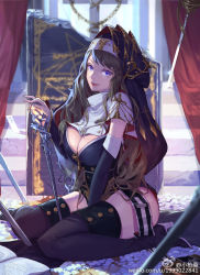 Rule 34 | 1girl, between legs, black thighhighs, blue eyes, book, boots, breasts, brown hair, cleavage, detached sleeves, flower, glowing, habit, hand between legs, high heel boots, high heels, large breasts, lips, long hair, looking at viewer, mole, mole under eye, sitting, smile, solo, staff, sword, thigh boots, thighhighs, very long hair, wariza, weapon, xiao qiang sang