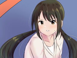 Rule 34 | 1girl, angry, artist request, black hair, blue background, brown eyes, clenched teeth, collarbone, dougi, eyelashes, female focus, highres, idolmaster, idolmaster cinderella girls, long hair, long sleeves, looking away, low twintails, meme, nakano yuka, namco, neck, parody, parted lips, profile, sailor moon redraw challenge (meme), sidelocks, standing, sweatdrop, swept bangs, teeth, turning head, twintails, upper body, v-shaped eyebrows