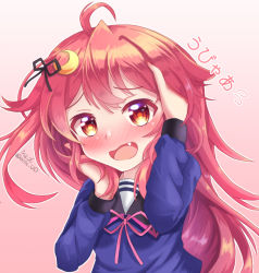 Rule 34 | 1girl, ahoge, black ribbon, blue shirt, blush, commentary request, crescent, crescent hair ornament, fang, flying sweatdrops, gradient background, hair ornament, hair ribbon, kantai collection, long hair, long sleeves, looking at viewer, neck ribbon, nose blush, open mouth, pink background, pink ribbon, red eyes, red hair, ribbon, shirt, sills, solo, translation request, twitter username, upper body, uzuki (kancolle), wavy hair