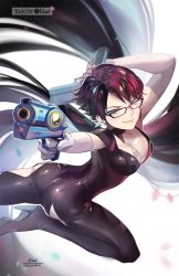 Rule 34 | 1girl, alternate hair length, alternate hairstyle, amulet, ankle gun, artist request, ass, bayonetta, bayonetta, bayonetta (series), bayonetta 2, beehive hairdo, bodysuit, breasts, cleavage cutout, clothing cutout, earrings, eyeshadow, glasses, gun, jewelry, lipstick, looking at viewer, makeup, mole, mole under mouth, quadruple wielding, solo, weapon