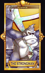 Rule 34 | 1boy, ape, barrel, black border, border, closed mouth, commentary, crescent, donkey kong, donkey kong (series), english commentary, exercising, furry, furry male, limited palette, looking at viewer, male focus, muscular, muscular male, necktie, nintendo, quas-quas, short hair, smash ball, smile, solo, sparkle, star (symbol), strength (tarot), super smash bros., tarot, weightlifting