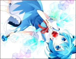 Rule 34 | 1girl, bad id, bad pixiv id, blue eyes, blue flower, blue hair, blue rose, candy apple, cirno, flower, food, ice, ice flower, ice wings, matching hair/eyes, puffy sleeves, rose, sakurato remi, short hair, short sleeves, solo, tongue, touhou, upside-down, wings