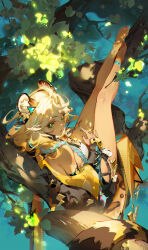 1girl absurdres animal_ears anklet bare_shoulders barefoot blonde_hair braid branch chinese_commentary commentary_request cutoffs denim denim_shorts earrings emurina from_above fur-trimmed_jacket fur_trim genshin_impact gold_nails green_eyes high-waist_shorts highres jacket jaguar_ears jaguar_girl jaguar_tail jewelry leaf multicolored_hair multiple_rings off_shoulder ring shorts sitting solo tail tree xilonen_(genshin_impact)