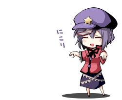 Rule 34 | 1girl, :d, beret, blue hair, blush, chibi, closed eyes, female focus, full body, hat, jiangshi, miyako yoshika, ofuda, open mouth, outstretched arms, purple hat, rioshi, shadow, shirt, short hair, simple background, skirt, smile, solo, standing, star (symbol), touhou, translated, white background, zombie pose