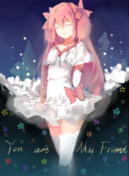 Rule 34 | 10s, 1girl, bow, closed eyes, dress, english text, gloves, gradient background, hair bow, hair ribbon, helios (k124392724), kaname madoka, long hair, lowres, mahou shoujo madoka magica, mahou shoujo madoka magica (anime), pink hair, ribbon, smile, solo, spoilers, thighhighs, twintails, two side up, ultimate madoka