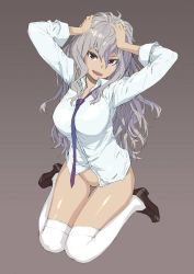 Rule 34 | 1girl, :d, bottomless, breasts, fang, full body, grey background, grey hair, hands on own head, large breasts, loafers, long hair, looking at viewer, musashimaru, necktie, open mouth, original, purple eyes, shoes, simple background, sitting, sketch, smile, solo, thighhighs, wariza, white thighhighs