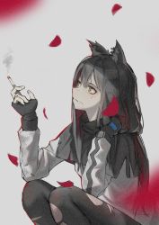 Rule 34 | 1girl, animal ears, arknights, black capelet, black gloves, black hair, black pantyhose, bruise, bruise on face, capelet, cigarette, closed mouth, commentary, english commentary, expressionless, fingerless gloves, gloves, grey background, hair between eyes, highres, holding, holding cigarette, injury, jacket, long hair, long sleeves, multicolored hair, orange eyes, pantyhose, petals, red hair, simple background, smoking, solo, streaked hair, texas (arknights), torn clothes, torn pantyhose, two-tone hair, veilrain, white jacket, wolf ears