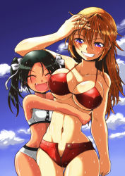 Rule 34 | 2girls, bikini, black hair, blue eyes, breasts, charlotte e. yeager, closed eyes, fang, francesca lucchini, grin, hair ribbon, highres, hug, large breasts, md5 mismatch, midriff, multiple girls, narrow waist, navel, open mouth, orange hair, resolution mismatch, ribbon, short shorts, shorts, smile, source smaller, strike witches, swimsuit, twintails, unzipped, wet, wide hips, world witches series, zatou (kirsakizato)