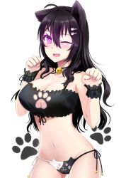 Rule 34 | 1girl, ;d, adapted costume, ahoge, animal ears, bad id, bad pixiv id, beifeng han, bell, black hair, black ribbon, blush, breasts, cat ear panties, cat ears, cat hair ornament, cat lingerie, choker, cleavage, cleavage cutout, clothing cutout, collarbone, cowboy shot, fang, frills, glowing, gluteal fold, groin, hair between eyes, hair ornament, jingle bell, kemonomimi mode, large breasts, long hair, looking at viewer, meme attire, miyaura sanshio, navel, neck bell, one eye closed, open mouth, original, panties, parody, paw pose, paw print, print panties, purple eyes, ribbon, side-tie panties, smile, solo, stomach, string panties, underwear, underwear only, wrist cuffs
