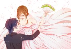Rule 34 | 1boy, 1girl, bare arms, bare shoulders, black hair, black suit, blush, breasts, brown hair, cleavage, closed eyes, collarbone, dress, flower, formal, happy, hori-san to miyamura-kun, hori kyouko, miyamura izumi, parted bangs, parted lips, petals, small breasts, smile, suit, teeth, teiuyou, wedding dress, white background, white dress
