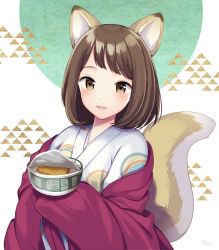 Rule 34 | 1girl, animal ears, blush, brown eyes, brown hair, commentary request, cup ramen, donbee (food), donbei kitsune udon, food, fox ears, fox girl, fox tail, highres, instant udon, lips, long hair, long sleeves, looking at viewer, miyano ururu, nissin donbei, original, parted lips, short hair, simple background, sleeves past fingers, sleeves past wrists, smile, solo, tail, upper body