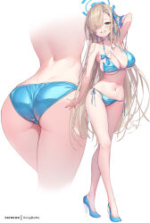 Rule 34 | 1girl, armpits, artist name, ass, asuna (blue archive), bikini, blonde hair, blue archive, blue bikini, blue eyes, blue halo, blue ribbon, blue scrunchie, blush, breasts, closed mouth, eyes visible through hair, full body, hair over one eye, hair ribbon, halo, high heels, highres, hong (white spider), large breasts, long hair, looking at viewer, mole, mole on breast, multiple views, navel, ribbon, scrunchie, side-tie bikini bottom, signature, simple background, smile, stomach, strap gap, swimsuit, very long hair, white background, wrist scrunchie