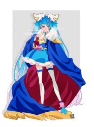 Rule 34 | 1girl, ankle boots, aoi tete, artist logo, blue cape, blue dress, blue eyes, blue footwear, blue hair, boots, bow, breath, brooch, cape, closed mouth, commentary, cure sky, cut bangs, detached sleeves, dress, dress bow, earrings, fingerless gloves, frilled dress, frills, fringe trim, full body, fur scarf, gloves, gradient hair, grey background, hand on own hip, highres, hirogaru sky! precure, jewelry, long hair, magical girl, multicolored hair, pink hair, precure, red cape, shadow, short dress, single sidelock, sleeveless, sleeveless dress, smile, solo, sora harewataru, standing, streaked hair, thighhighs, twintails, two-sided cape, two-sided fabric, two-tone dress, very long hair, white dress, white thighhighs, wing brooch, wing hair ornament