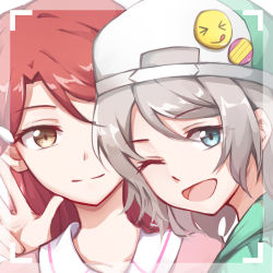 Rule 34 | &gt; &lt;, 2girls, :q, ;d, backwards hat, badge, brown eyes, button badge, closed mouth, gemi 25, grey hair, hair ornament, hairclip, hat, highres, long hair, looking at viewer, love live!, love live! sunshine!!, multiple girls, one eye closed, open mouth, red hair, sakurauchi riko, short hair, smile, smiley face, swept bangs, tongue, tongue out, upper body, viewfinder, watanabe you, white hat