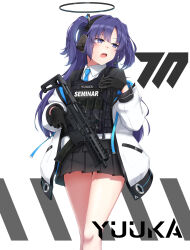 Rule 34 | 1girl, ammunition pouch, black gloves, black jacket, black skirt, blue archive, blue necktie, character name, collared shirt, commentary request, cowboy shot, ear protection, gloves, gun, hand up, highres, holding, holding weapon, hood, hood down, hooded jacket, jacket, long hair, looking ahead, magazine (weapon), microphone, millennium science school logo, multicolored hair, necktie, off shoulder, open clothes, open jacket, open mouth, optical sight, bulletproof vest, pleated skirt, pouch, purple eyes, purple hair, sekino takehiro, shirt, sig mpx, skirt, solo, submachine gun, two-tone hair, weapon, white jacket, white shirt, yuuka (blue archive)