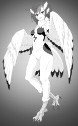 Rule 34 | 1girl, bird legs, bird tail, breasts, character request, commentary request, copyright request, facial mark, feathered wings, greyscale, hair between eyes, harpy, highres, lee xianshang, looking at viewer, medium hair, midriff, monochrome, monster girl, monsterification, navel, neck fur, parted lips, small breasts, solo, tail, talons, winged arms, wings