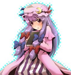 Rule 34 | 1girl, bad id, bad pixiv id, book, hugging book, crescent, hair ribbon, hat, holding, holding book, long hair, hugging object, patchouli knowledge, purple eyes, purple hair, ribbon, solo, touhou, urita (vivivinicol)