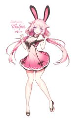 Rule 34 | 1girl, alternate eye color, animal ears, artist name, bare arms, bare legs, bright pupils, cat ears, character request, commission, dress, elsword, eve (elsword), full body, highres, knees together feet apart, long hair, looking at viewer, mal poi, pink dress, pink hair, purple eyes, rabbit ears, sandals, short dress, simple background, smile, solo, twintails, w arms, white background