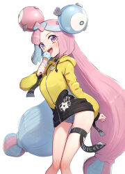 Rule 34 | 1girl, absurdres, adapted costume, blue hair, blush, bow-shaped hair, breasts, character hair ornament, colored eyelashes, creatures (company), feet out of frame, food, game freak, gonzarez, hair ornament, highres, holding, holding food, holding ice cream, hood, hoodie, ice cream, ice cream cone, iono (pokemon), knees together feet apart, leaning forward, long hair, long sleeves, looking at viewer, low-tied long hair, medium breasts, multicolored hair, nintendo, open mouth, oversized clothes, pink hair, pokemon, pokemon sv, purple eyes, sharp teeth, simple background, smile, solo, split-color hair, star (symbol), swimsuit, swimsuit under clothes, tareme, teeth, thigh gap, thigh strap, twintails, two-tone hair, very long hair, white background, x, yellow hoodie