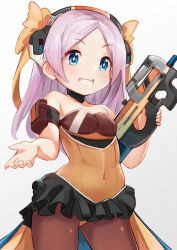 Rule 34 | 1girl, absurdres, bare shoulders, blue eyes, bow, breasts, brown bow, brown leotard, brown pantyhose, bullpup, copyright request, covered navel, diamond-shaped pupils, diamond (shape), ear protection, forehead, frilled leotard, frills, gradient background, grey background, grin, gun, hair bow, hand up, highres, holding, holding gun, holding weapon, kobi (piliheros2000), leotard, long hair, p90, pantyhose, parted bangs, personal defense weapon, pink hair, small breasts, smile, solo, strapless, strapless leotard, submachine gun, symbol-shaped pupils, trigger discipline, weapon, white background