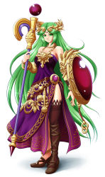 Rule 34 | 1girl, alternate color, anklet, asymmetrical footwear, breasts, brown thighhighs, dress, full body, gold, green eyes, green hair, highres, hip focus, jewelry, kid icarus, layered clothes, long hair, long skirt, maroon legwear, matching hair/eyes, mazume, medium breasts, mismatched footwear, nintendo, ornament, palutena, purple dress, purple skirt, shield, side slit, simple background, single thighhigh, skirt, smile, solo, staff, strapless, strapless dress, super smash bros., thighhighs, uneven footwear, very long hair, white background