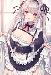 Rule 34 | 1girl, blush, bow, bowtie, breasts, cleavage, clothes lift, collared dress, curtains, dress, dress lift, frilled dress, frills, hair ribbon, hairband, highres, large breasts, lifting own clothes, long hair, long sleeves, looking at viewer, maid, me meel, open mouth, original, red eyes, ribbon, smile, thighhighs, twintails, white hair, white thighhighs